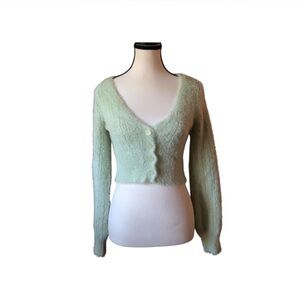 Garage Soft and fluffy light green fuzzy cardigan